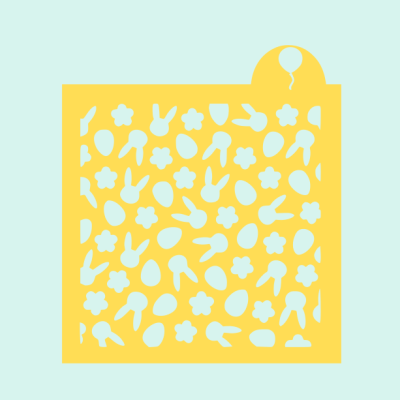 Stencil amarelo quadrado com desenhos de coelhos, flores e ovos