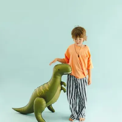 Menino com roupa laranja e riscada ao lado de dinossauro insuflável verde