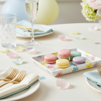 mesa com macarons coloridos em prato floral, guardanapos claros e talheres dourados