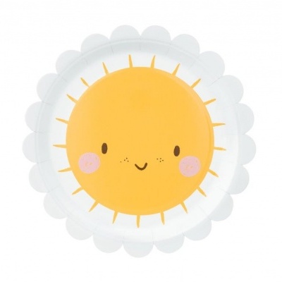 Prato descartável infantil com desenho de sol sorridente no centro e borda branca modelada.
