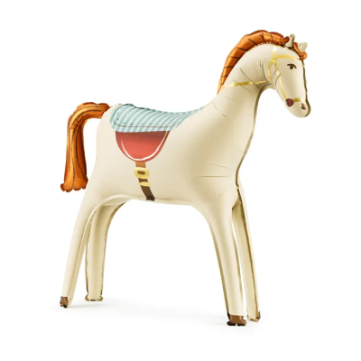 Boneco insuflável cavalo bege com sela e crina castanha