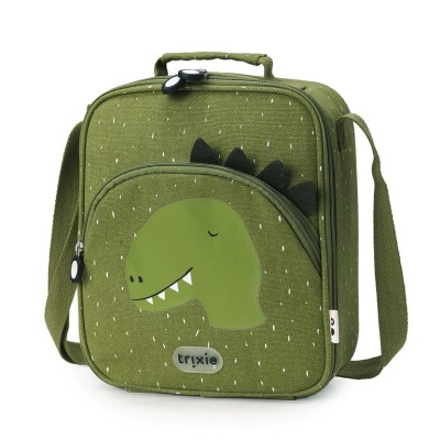 Bolsa verde com desenho de dinossauro e etiqueta trixie