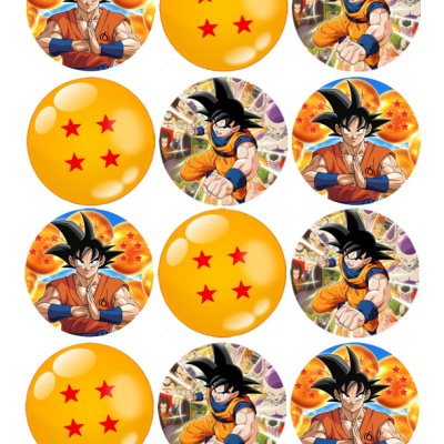 Doze círculos com personagens de anime e bolas amarelas com estrelas vermelhas