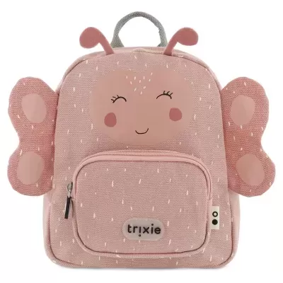 Mochila infantil rosa com asas de borboleta e cara feliz