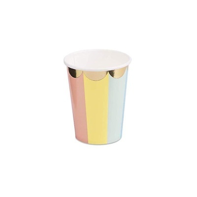 Copo de papel metálico com listras rosa, dourado e azul claro