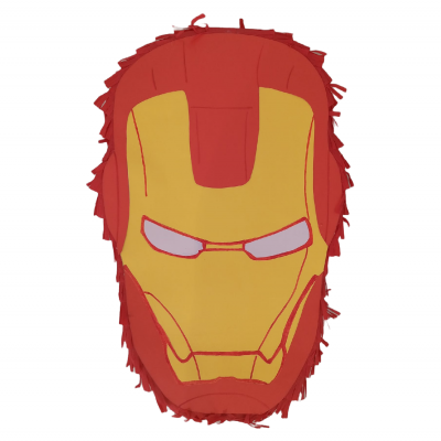 Almofada em tecido representando a máscara do Homem de Ferro em vermelho e amarelo.