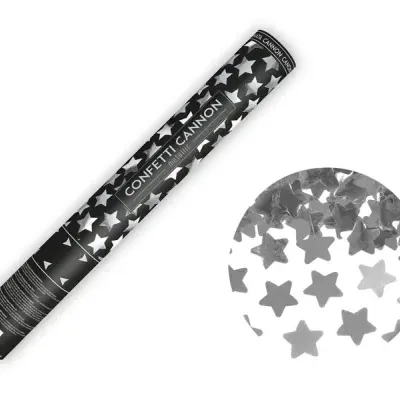 Confetti Cannon preto com estrelas e confettis metálicos prateados em estrelas