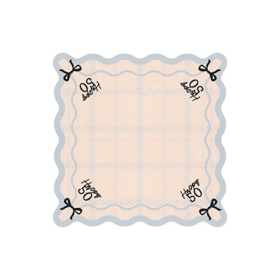 Lenço quadrado xadrez bege e cinzento com inscrições Happy 50 e laços pretos nos cantos