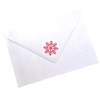 Envelope branco com selo vermelho em forma de floco de neve.