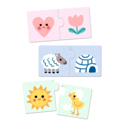 Peças de puzzle infantis coloridas com desenhos de coração, flor, ovelha, iglu, sol e pintainho.
