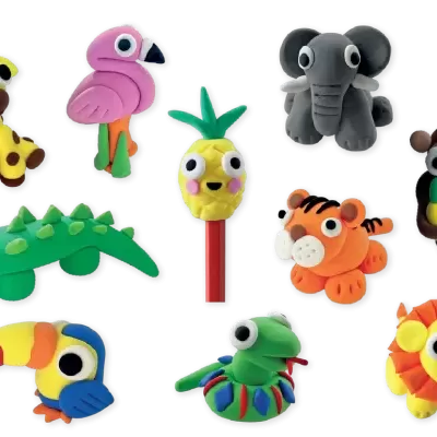 Brinquedos coloridos de modelagem de massa em forma de animais variados com olhos grandes