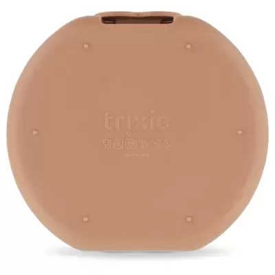 Tampa redonda castanha com logotipo trixie e símbolos de uso