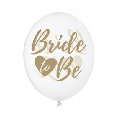 Balão branco com texto dourado e bege 'Bride to Be' e corações