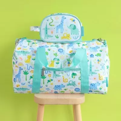 Mala e necessaire com padrão de animais coloridos em tecido branco