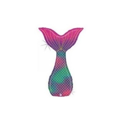 Brinquedo em formato de cauda de sereia com cores rosa, roxo, verde e azul