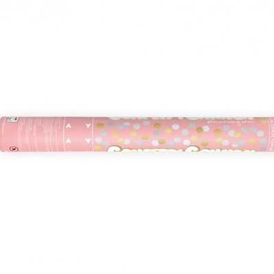 Embalagem cilíndrica rosa com padrão colorido e texto branco