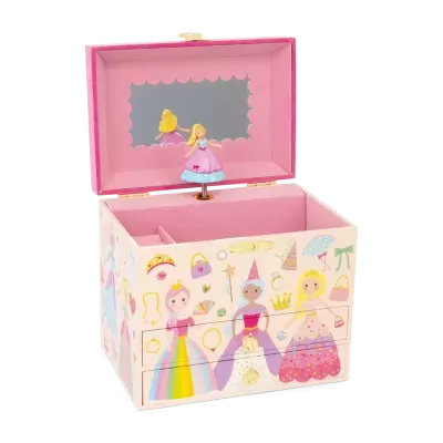 caixa de música e joias infantil pintada com princesas e interior rosa com espelho