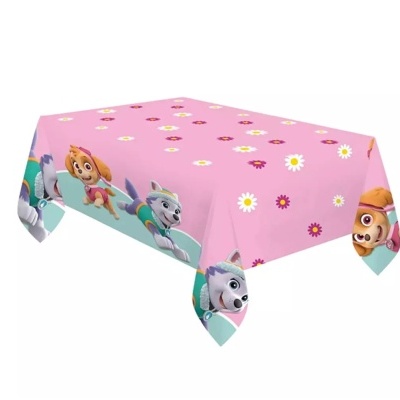 Toalha de mesa rosa com flores e cães animados nas bordas