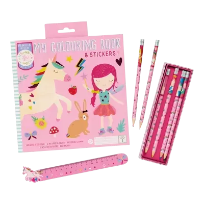 Conjunto infantil de colorir com livro, lápis coloridos e régua rosa com desenho de unicórnio