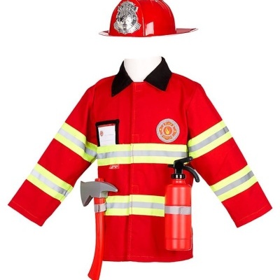 Roupa de bombeiro infantil vermelha com riscas refletoras, capacete, machado e extintor