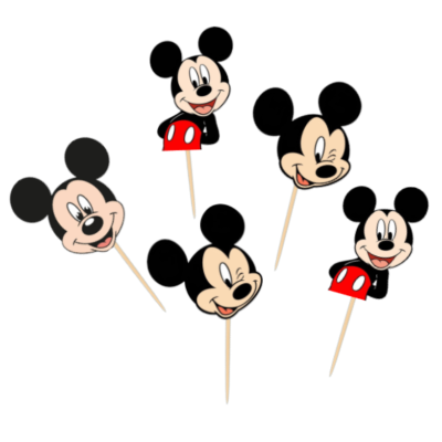 Cinco toppers de bolo do Mickey Mouse em cartão e palitos de madeira