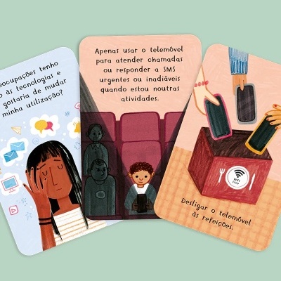 Três cartas ilustradas com textos e desenhos sobre uso do telemóvel em fundo verde claro.