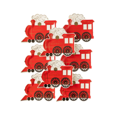 Oito decorações vermelhas em forma de comboio com fumo em nuvens brancas e texto EXPRESS