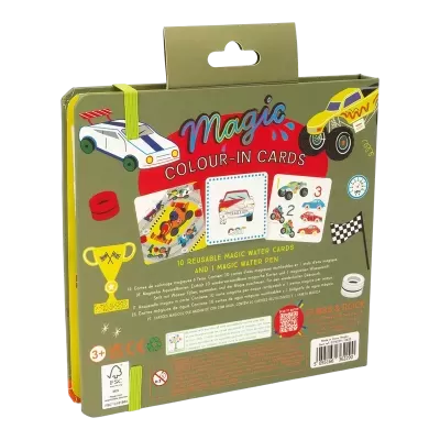 Caixa de cartões mágicos para colorir com tema de carros em fundo verde
