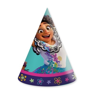 Chapéu de festa cónico com imagem da personagem Mirabel e flores coloridas