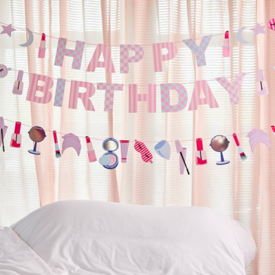 Faixa decorativa de aniversário rosa com texto e imagens de maquilhagem