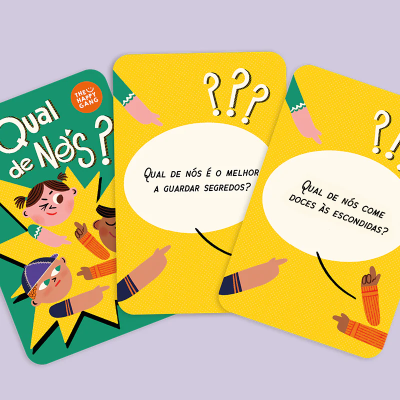 Cartas do jogo Qual de Nós? com perguntas em português e ilustrações de crianças coloridas