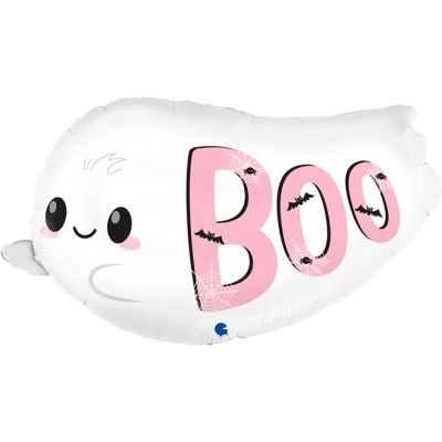 Balão fantasma branco com palavra BOO em rosa e decorado com teias e morcegos