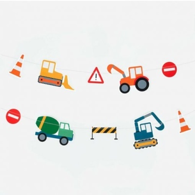 Corda decorativa com desenhos de veículos de construção e sinais de trânsito