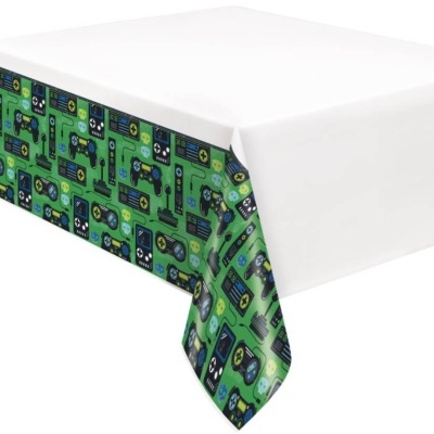 Toalha de mesa branca com aba decorativa verde com padrão de videojogos