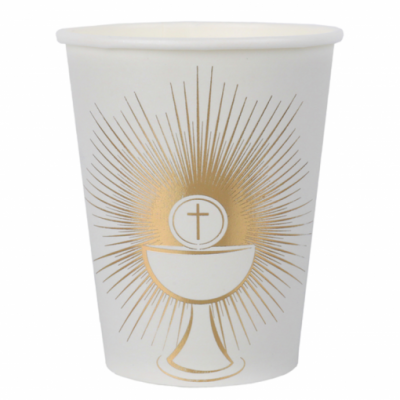 Copo descartável de papel branco com desenho dourado de cálice e hóstia com cruz