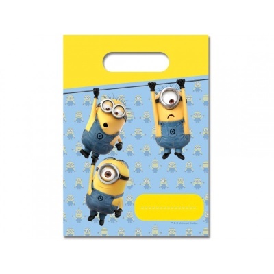 Saco de plástico azul e amarelo com Minions suspensos e padrão de Minions pequenos