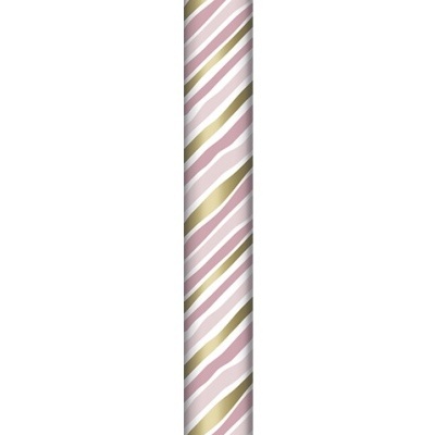 Rolo de papel de embrulho com riscas rosa, branco e dourado