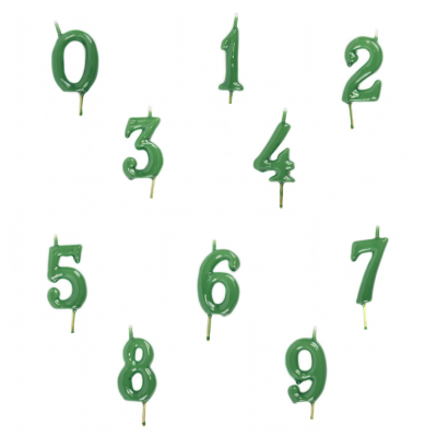 Velas de números verdes brilhantes de 0 a 9 com suporte