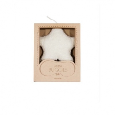 Vela estrela branca em caixa de cartão castanho claro com texto Night BUGGIES