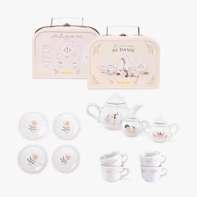 Conjunto de chá infantil decorado com flores e animais em porcelana com caixas metálicas