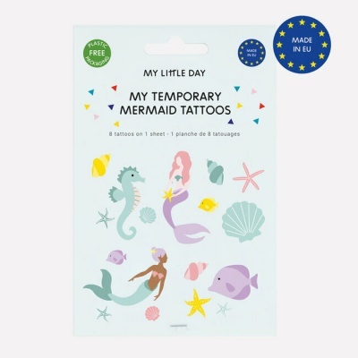 Pacote de tatuagens temporárias com tema sereia em cores pastel