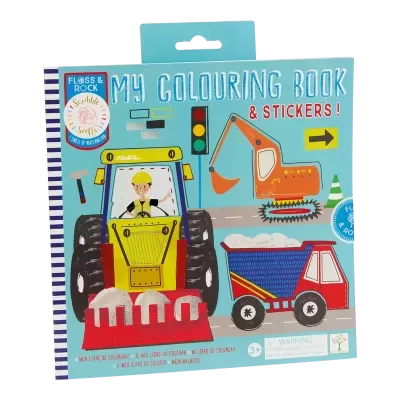 Livro para colorir com autocolantes de máquinas de construção em fundo azul