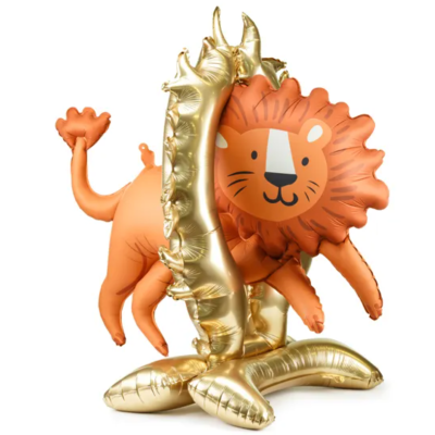 balão de festa leão laranja e balão dourado número 1