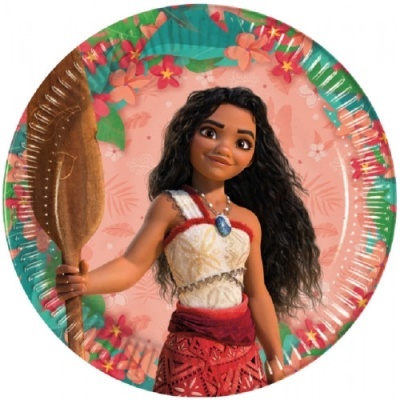Prato de papel com ilustração da personagem Moana e padrão floral colorido