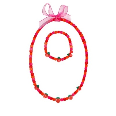 Conjunto infantil de colar e pulseira com contas vermelhas e morangos de plástico