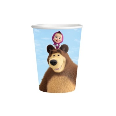 Copo de papel azul com personagem de urso e menina de capuz rosa