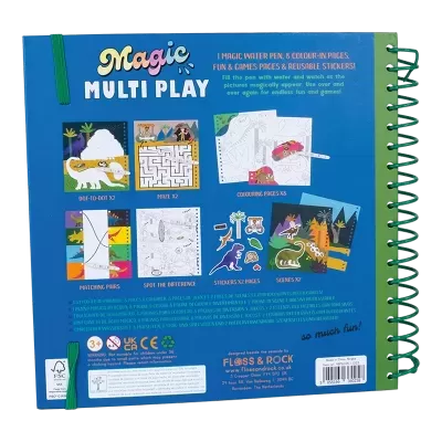 Caixa azul de brinquedo Magic Multi Play com texto e imagens do conteúdo