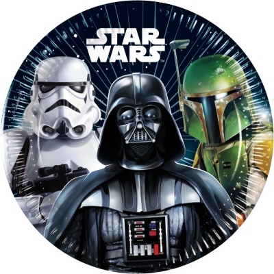 Imagem redonda com personagens Star Wars Stormtrooper, Darth Vader e Boba Fett com logo STAR WARS