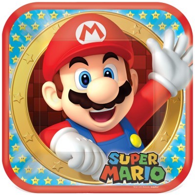 Imagem do personagem Mario do jogo Super Mario com moldura dourada e fundo azul com estrelas