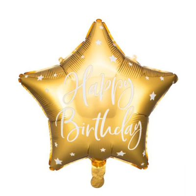 balão estrela dourada com texto Happy Birthday